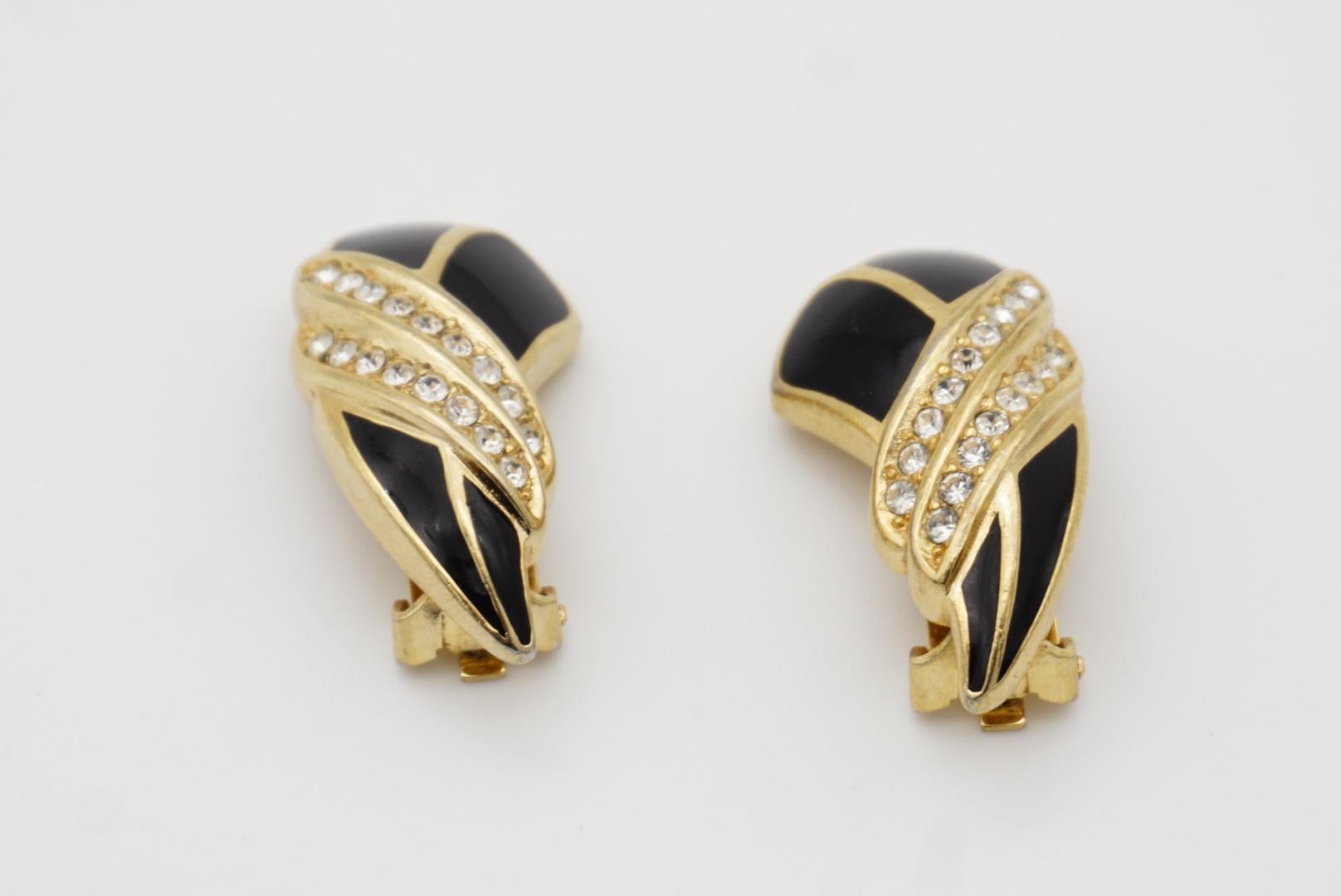 Christian Dior Vintage 1970er Jahre Schwarz Emaille Kristalle Krawatten-Knoten-Clip-Ohrringe im Angebot 7