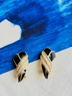 Christian Dior Vintage 1970s Black Enamel Crystals Tie Knot Leaf Clip Earrings