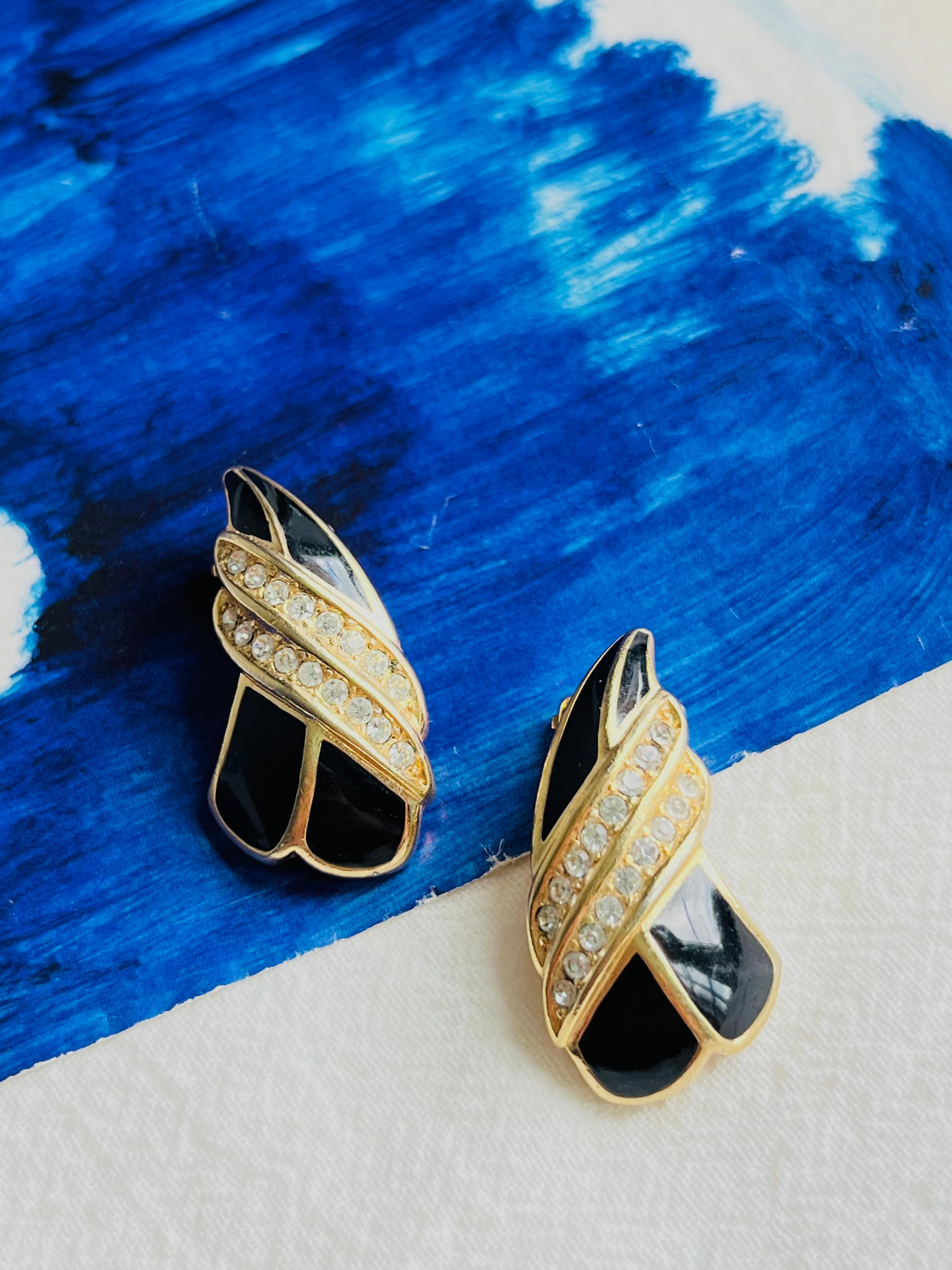Christian Dior Vintage 1970s Black Enamel Crystals Tie Knot Leaf Clip Earrings In Good Condition In Wokingham, England