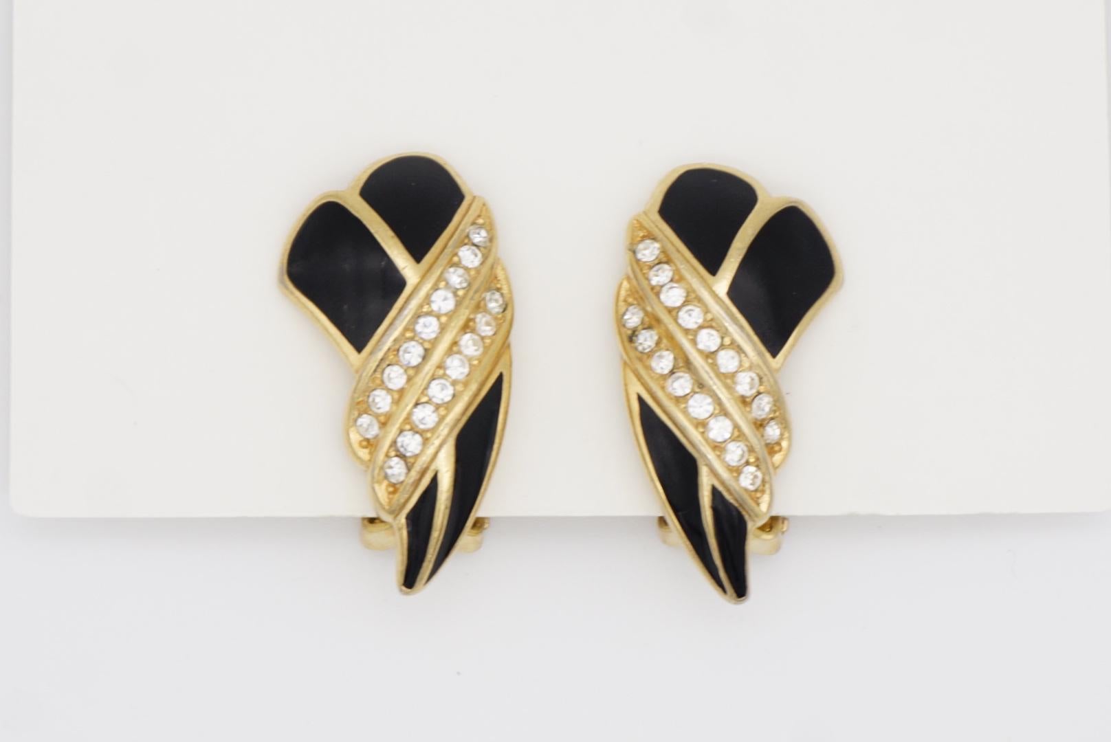 Christian Dior Vintage 1970s Black Enamel Crystals Tie Knot Leaf Clip Earrings 3