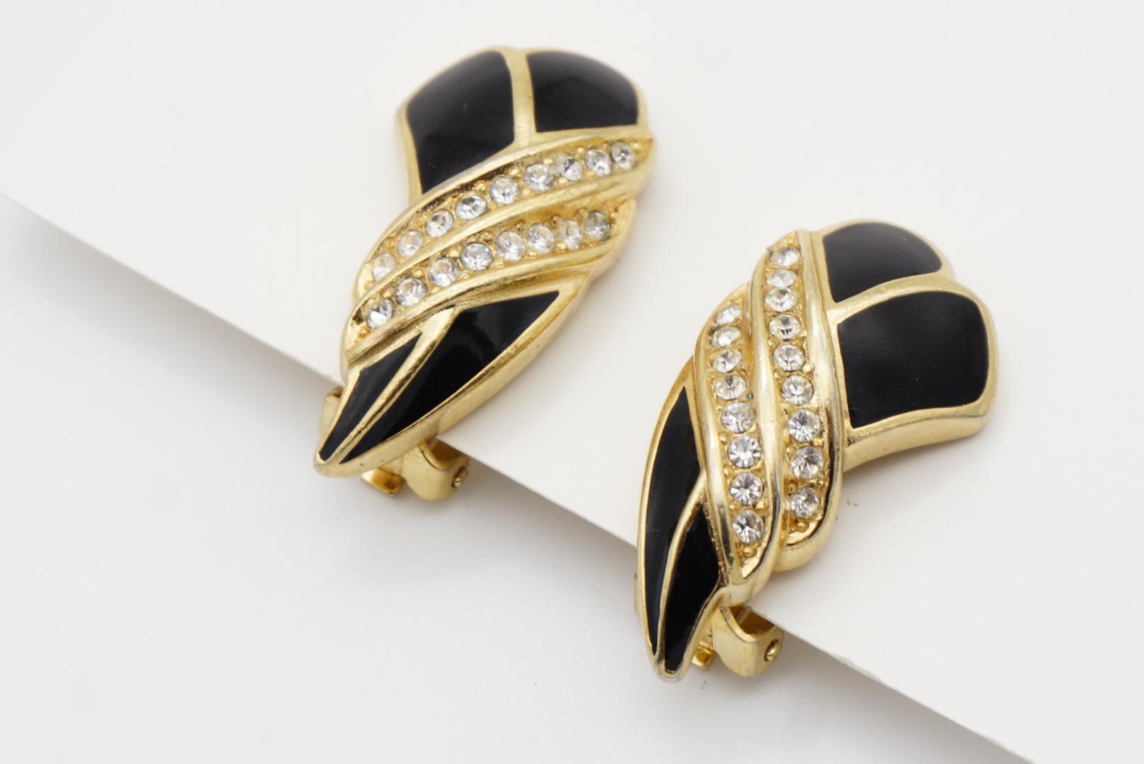 Christian Dior Vintage 1970s Black Enamel Crystals Tie Knot Leaf Clip Earrings 4