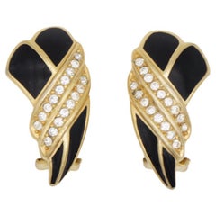 Christian Dior Vintage 1970s Black Enamel Crystals Tie Knot Leaf Clip Earrings