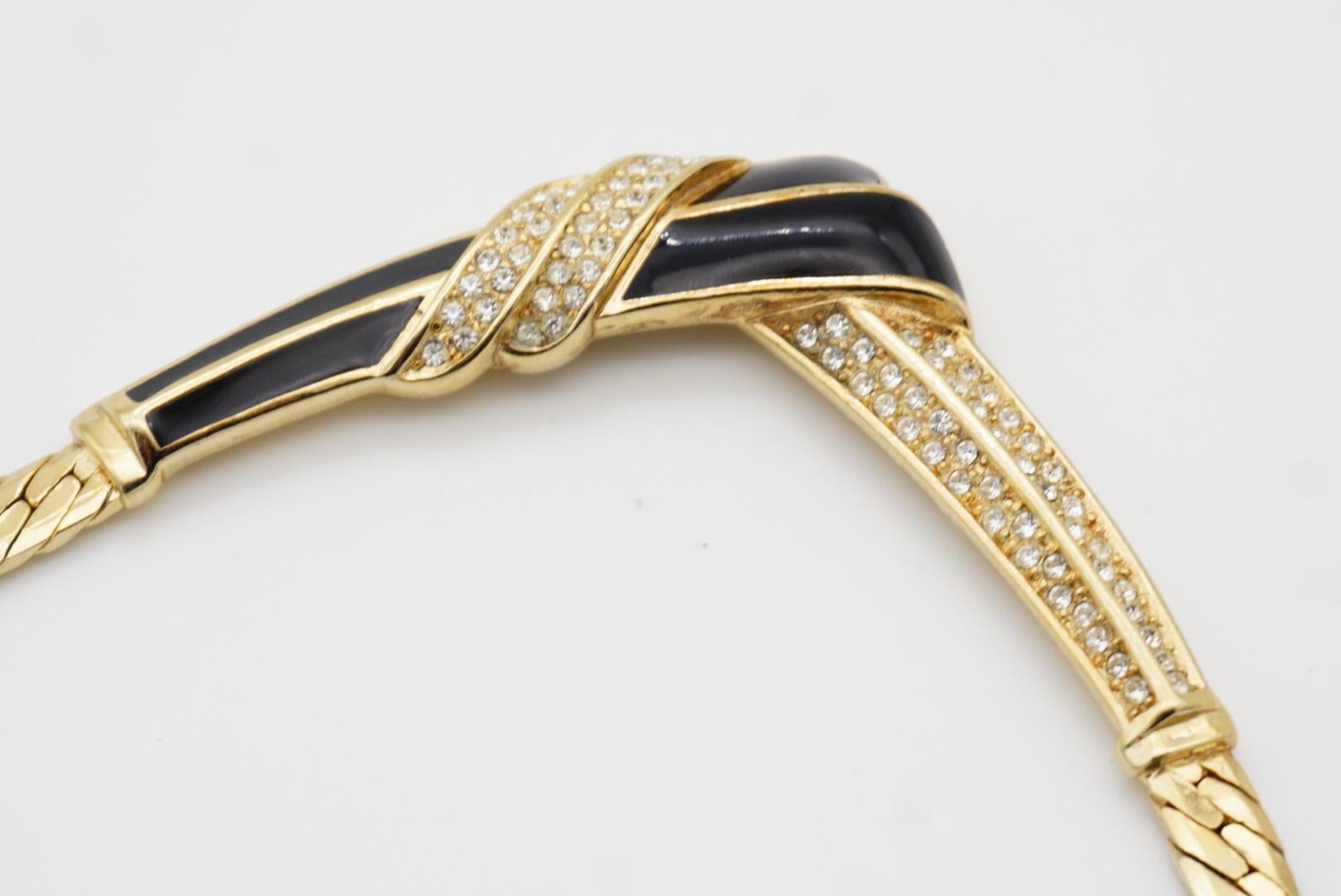 Christian Dior Vintage 1970s Black Enamel Crystals Tie Knot Triangle Neck Collier en vente 7