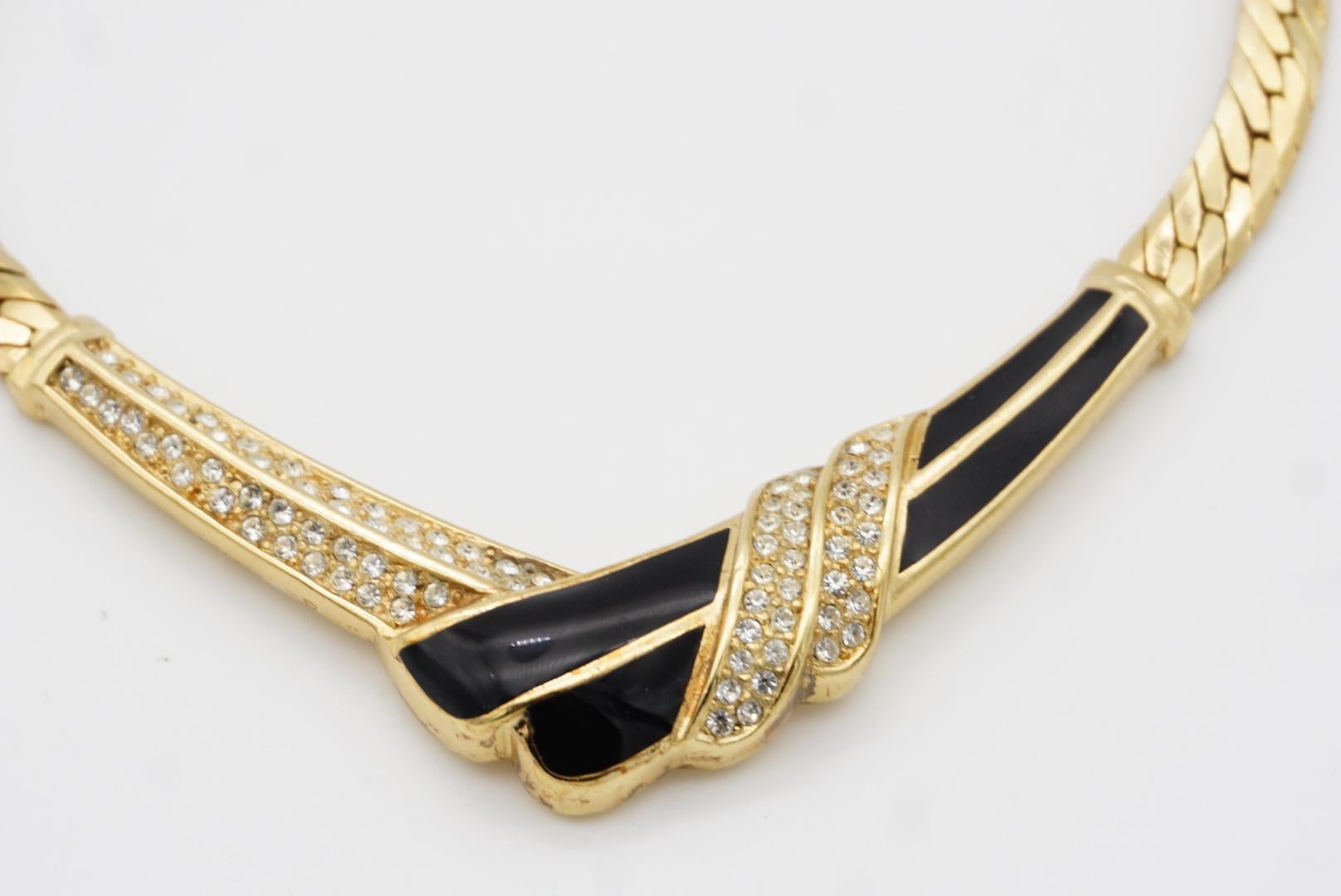 Christian Dior Vintage 1970s Black Enamel Crystals Tie Knot Triangle Neck Collier en vente 8