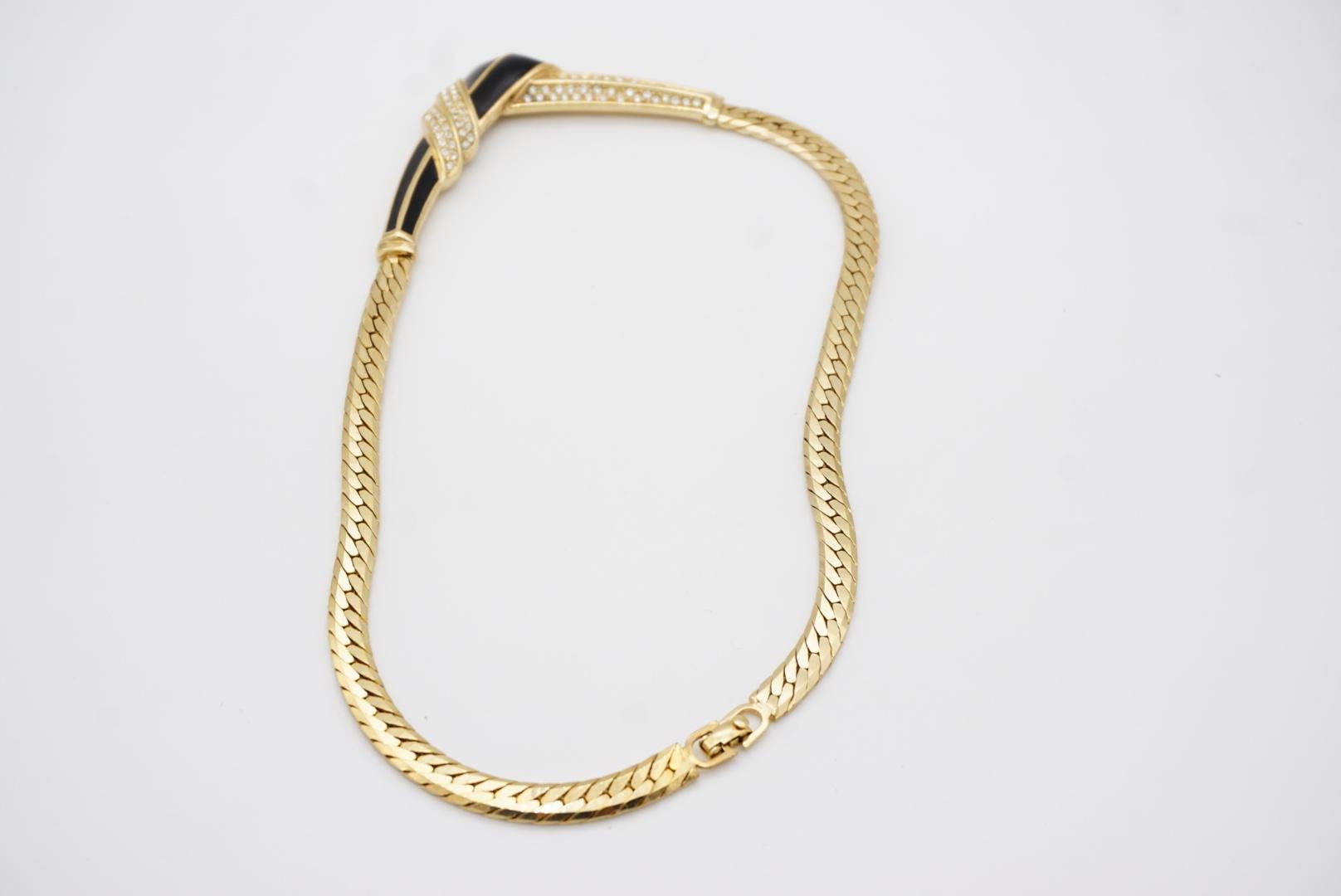 Christian Dior Vintage 1970s Black Enamel Crystals Tie Knot Triangle Neck Collier en vente 9