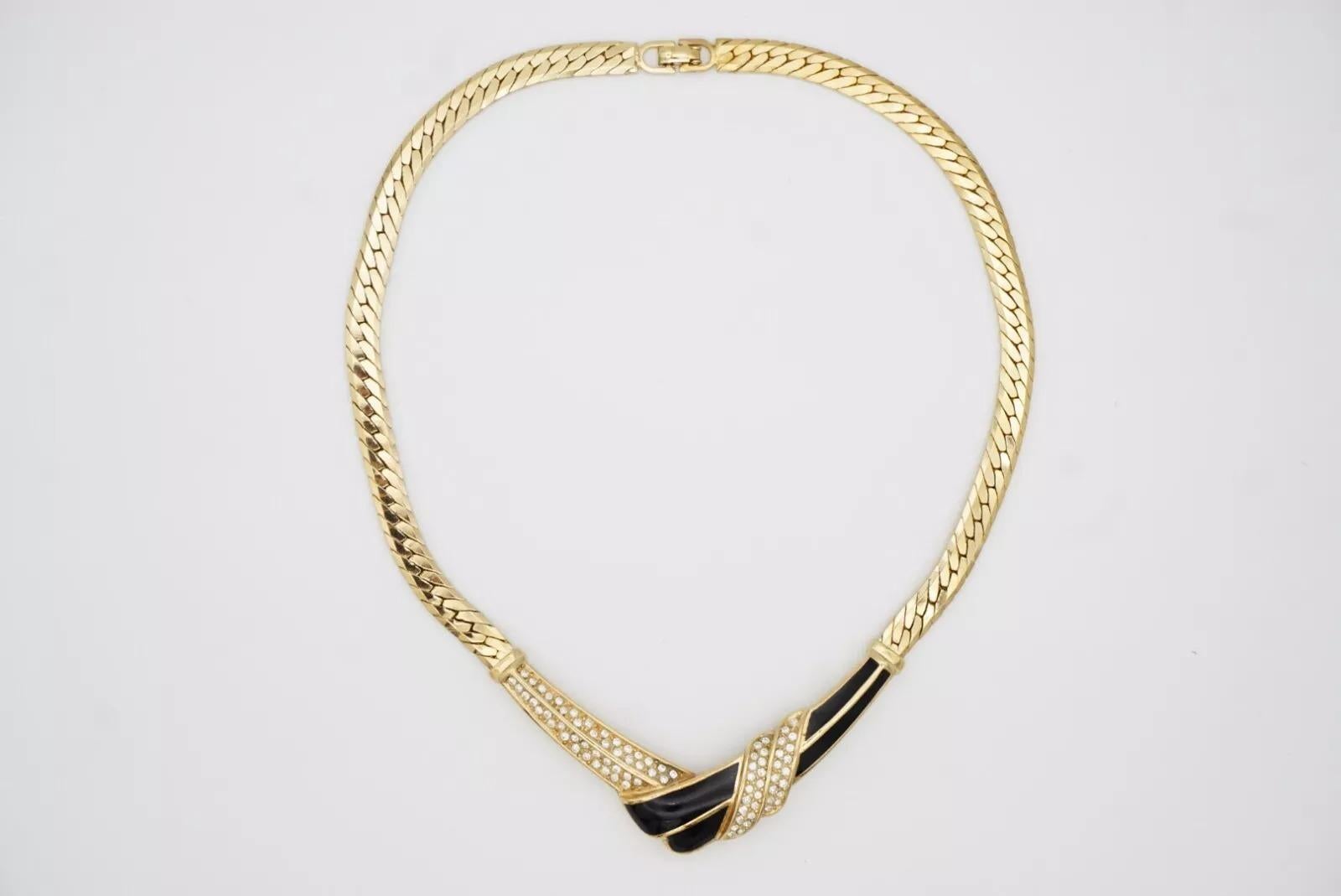 Christian Dior Vintage 1970s Black Enamel Crystals Tie Knot Triangle Neck Collier en vente 11