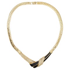 Christian Dior Vintage 1970s Black Enamel Crystals Tie Knot Triangle Necklace