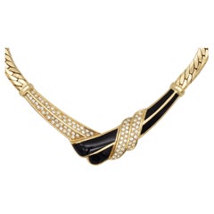 Christian Dior Vintage 1970s Black Enamel Crystals Tie Knot Triangle Necklace