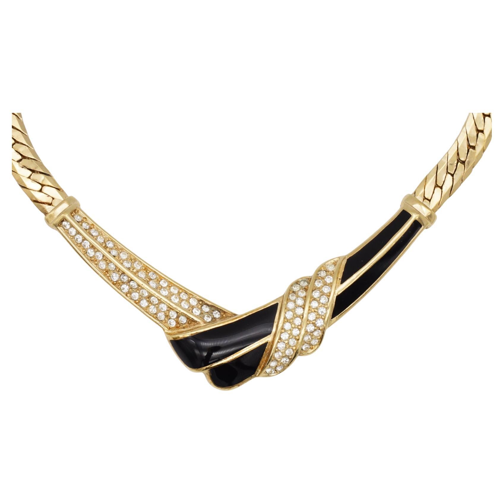 Christian Dior Vintage 1970s Black Enamel Crystals Tie Knot Triangle Neck Collier en vente