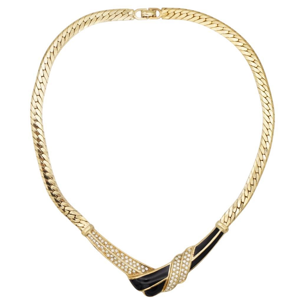 Christian Dior Vintage 1970s Black Enamel Crystals Tie Knot Triangle Neck Collier en vente