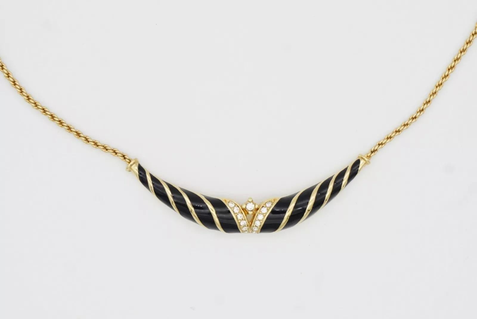 Christian Dior Vintage 1970er Jahre Schwarz Emaille gedrehte lange Bar-Kristalle Gold Halskette im Angebot 7