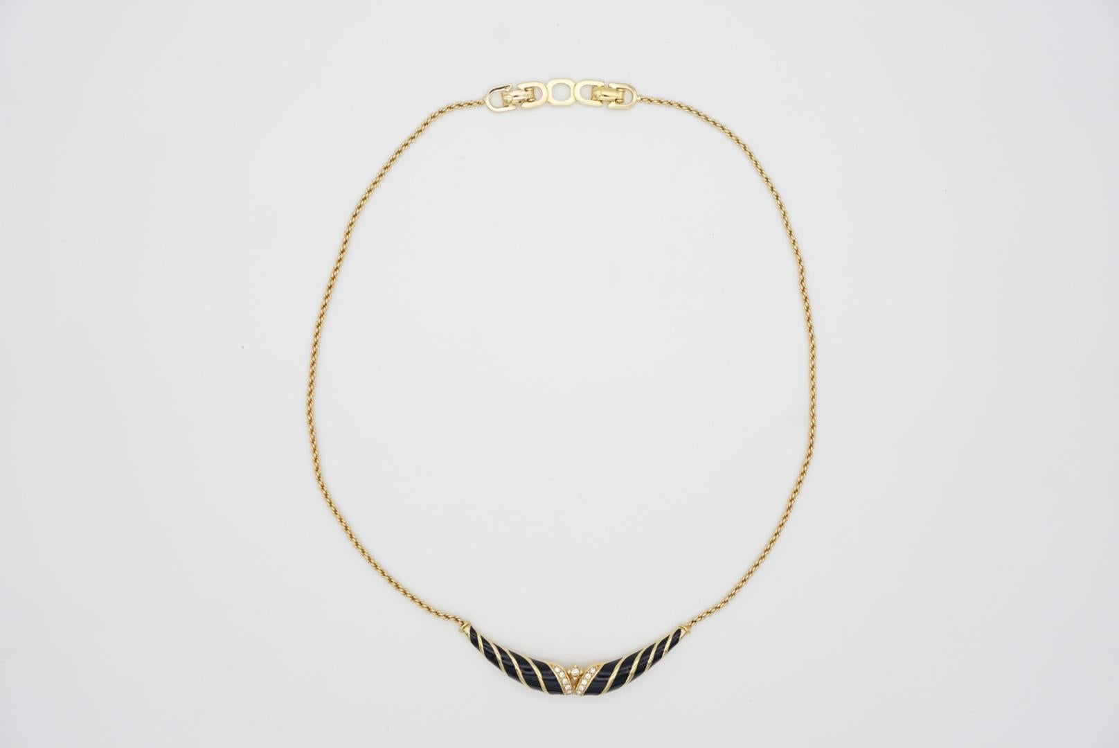 Christian Dior Vintage 1970s Black Enamel Twist Long Bar Crystals Gold Necklace For Sale 2
