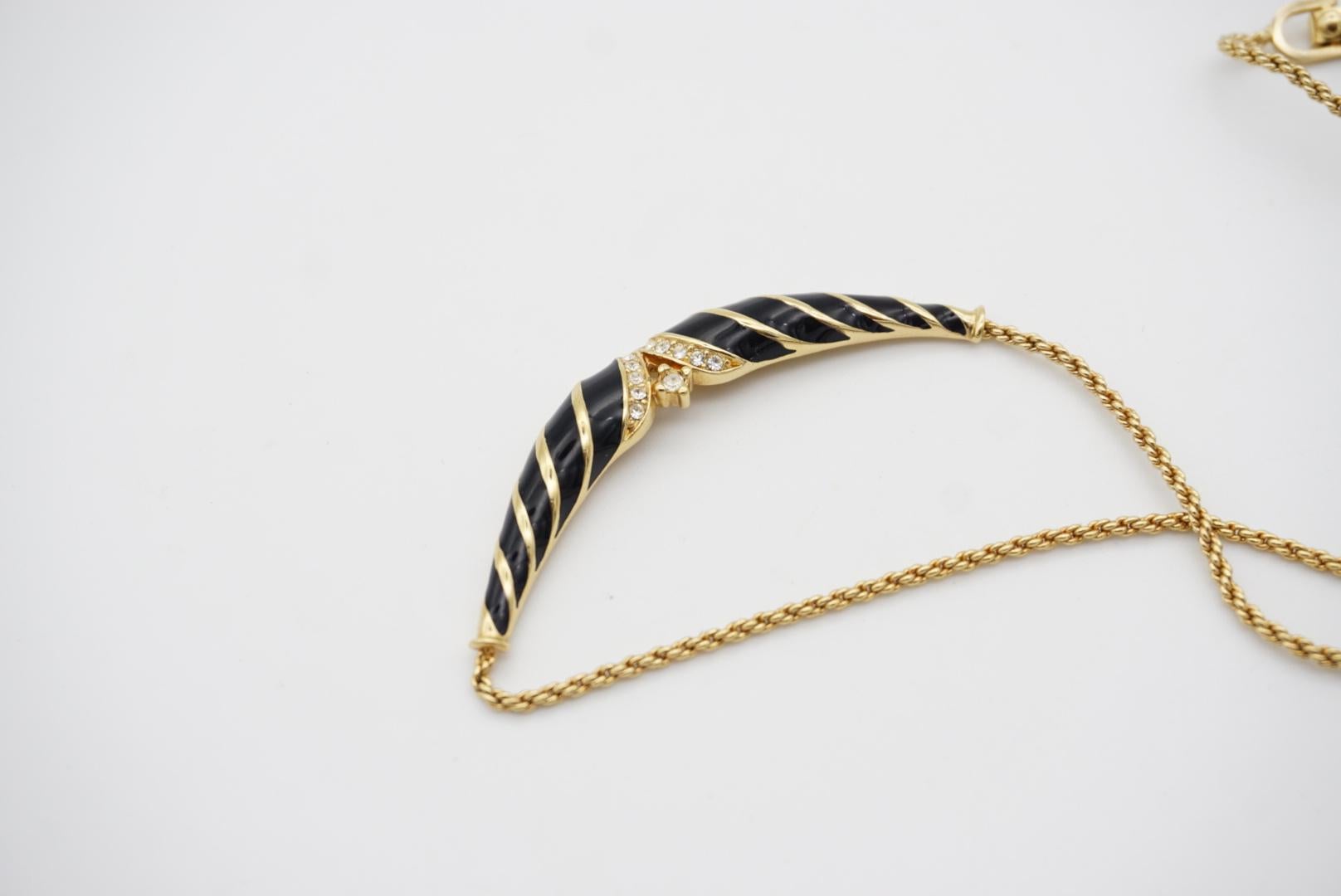 Christian Dior Vintage 1970s Black Enamel Twist Long Bar Crystals Gold Necklace For Sale 3
