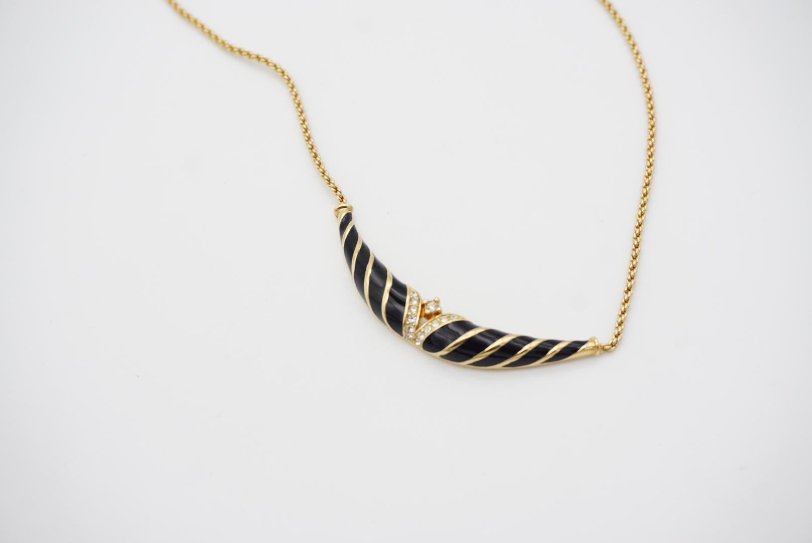 Christian Dior Vintage 1970s Black Enamel Twist Long Bar Crystals Gold Necklace For Sale 4