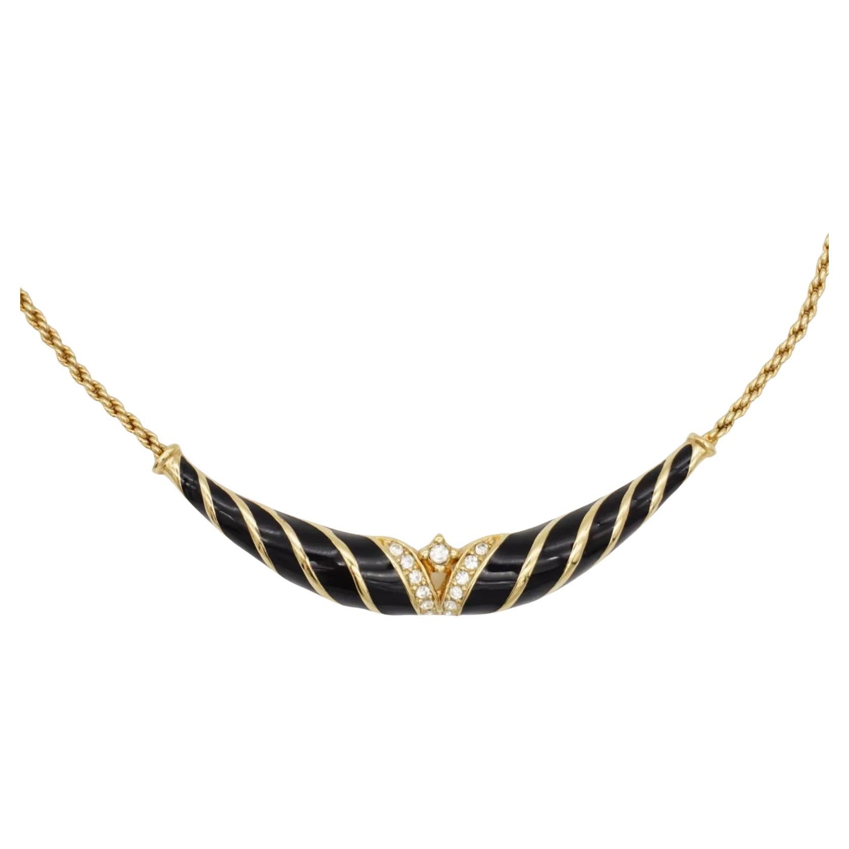 Christian Dior Vintage 1970s Black Enamel Twist Long Bar Crystals Gold Necklace