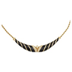 Christian Dior Vintage 1970s Black Enamel Twist Long Bar Crystals Gold Necklace