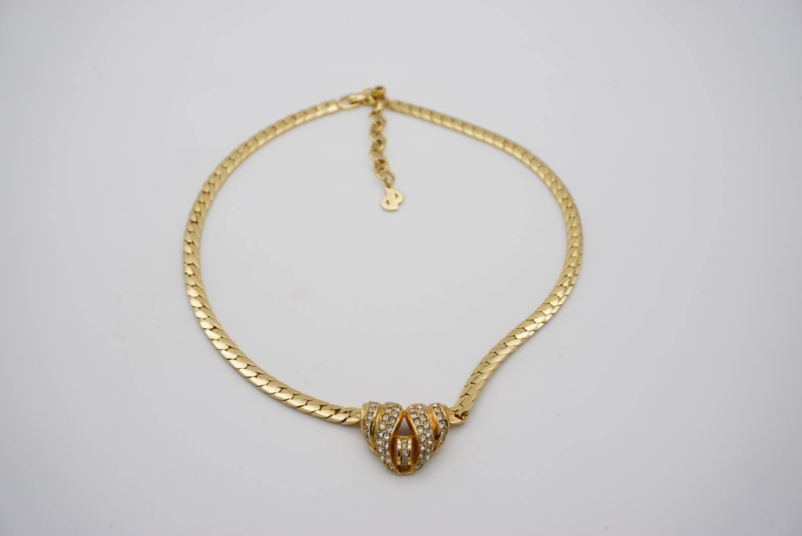 Christian Dior Vintage 1970s Croissant Interlock Crystals Pendant Gold Necklace For Sale 5