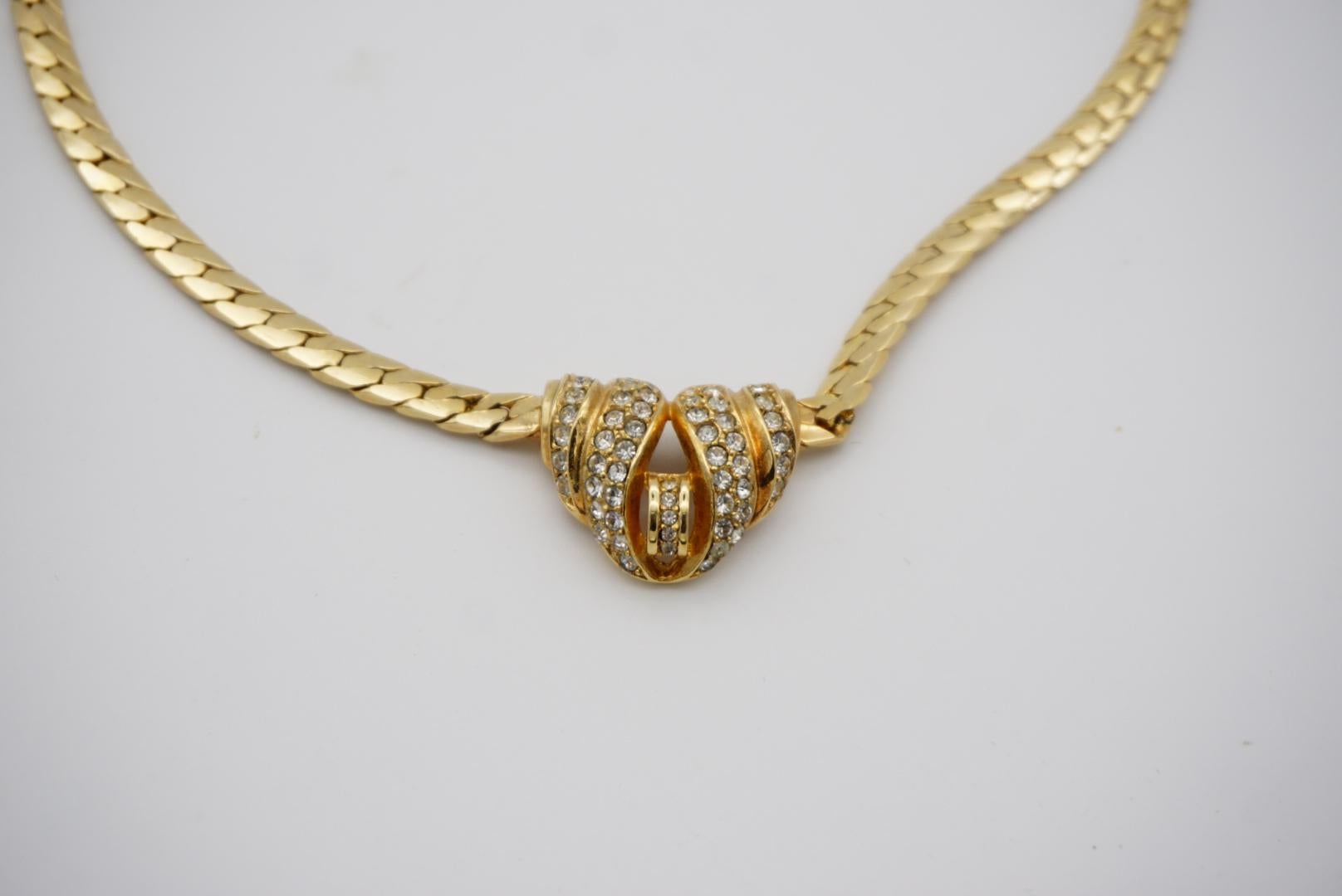 Christian Dior Vintage 1970s Croissant Interlock Crystals Pendant Gold Necklace For Sale 6