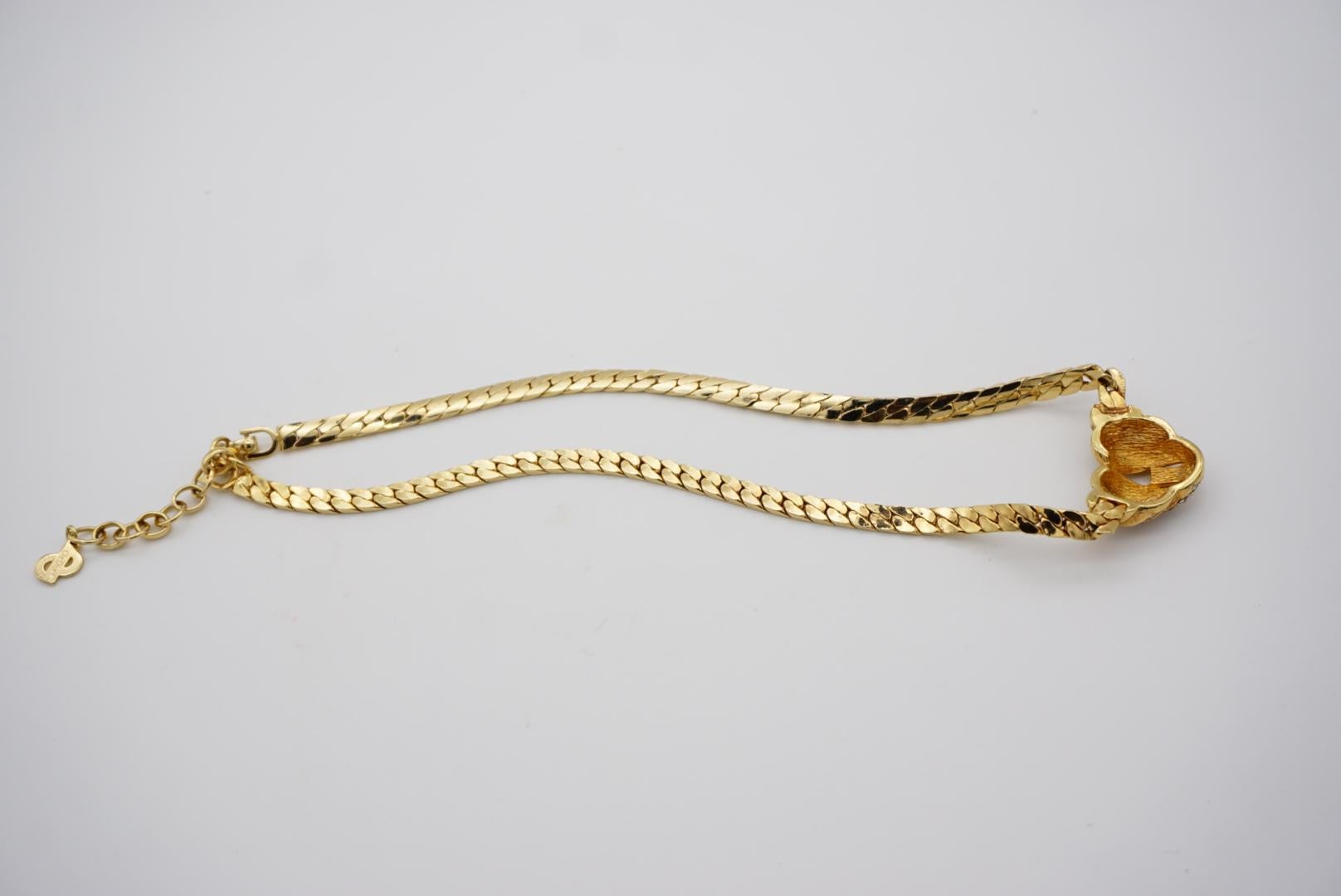 Christian Dior Vintage 1970s Croissant Interlock Crystals Pendant Gold Necklace For Sale 9
