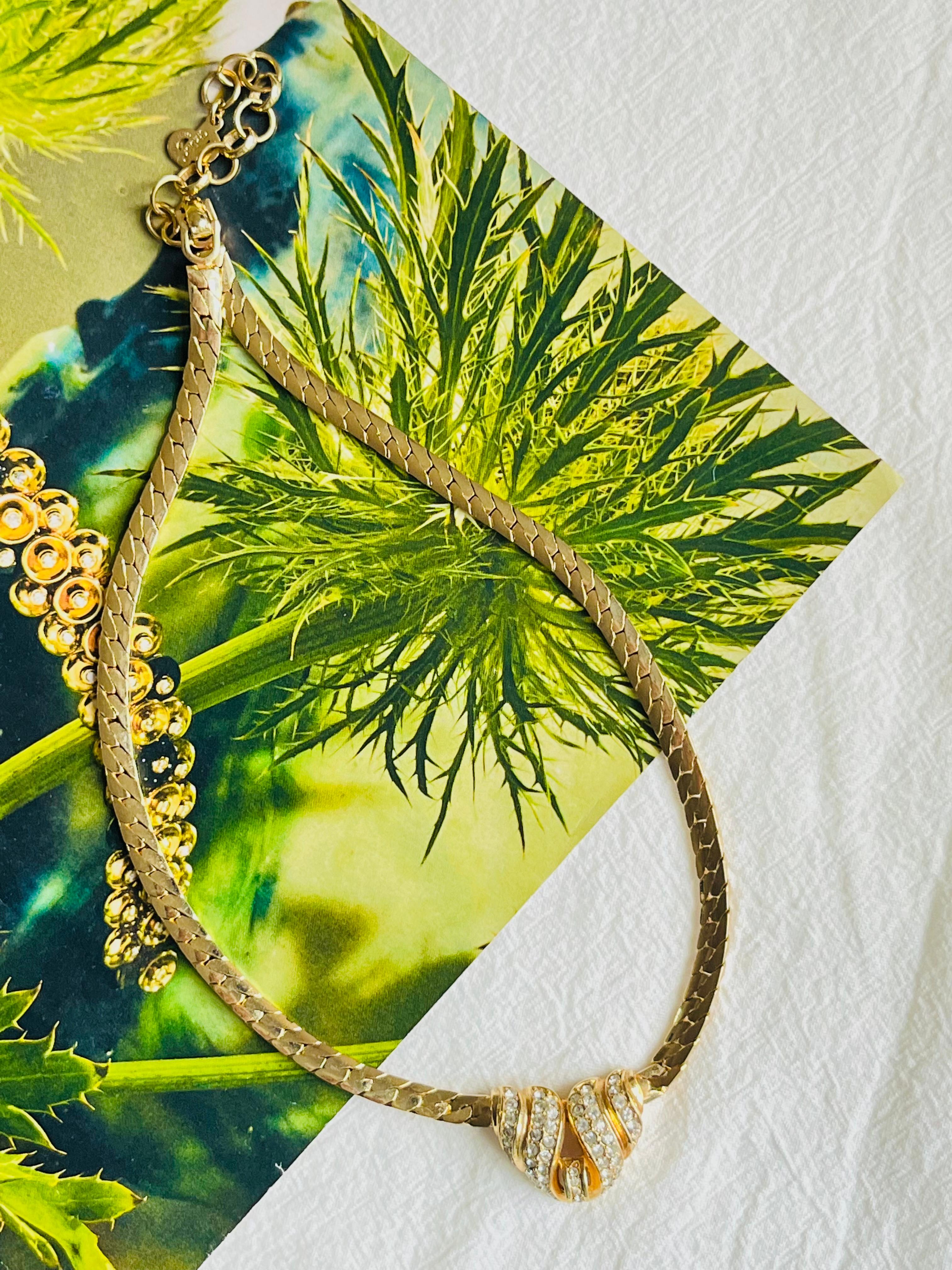 Art Nouveau Christian Dior Vintage 1970s Croissant Interlock Crystals Pendant Gold Necklace For Sale