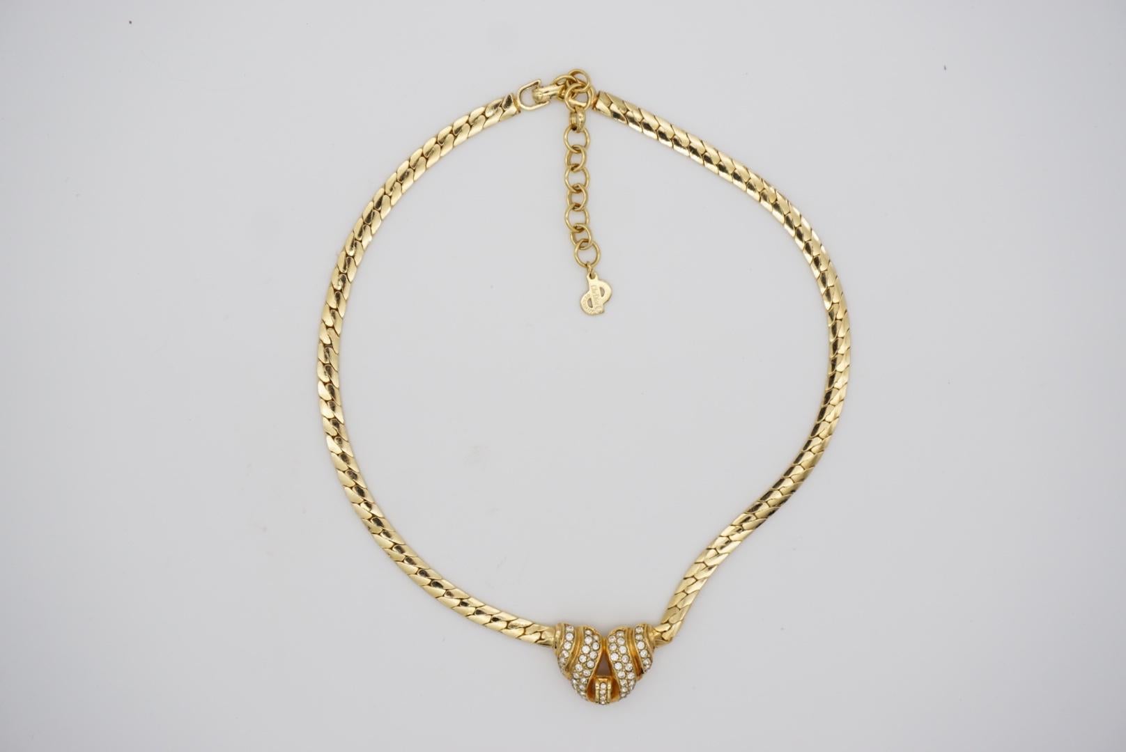Christian Dior Vintage 1970s Croissant Interlock Crystals Pendant Gold Necklace For Sale 4