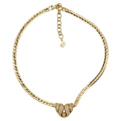 Christian Dior Retro 1970s Croissant Interlock Crystals Pendant Gold Necklace