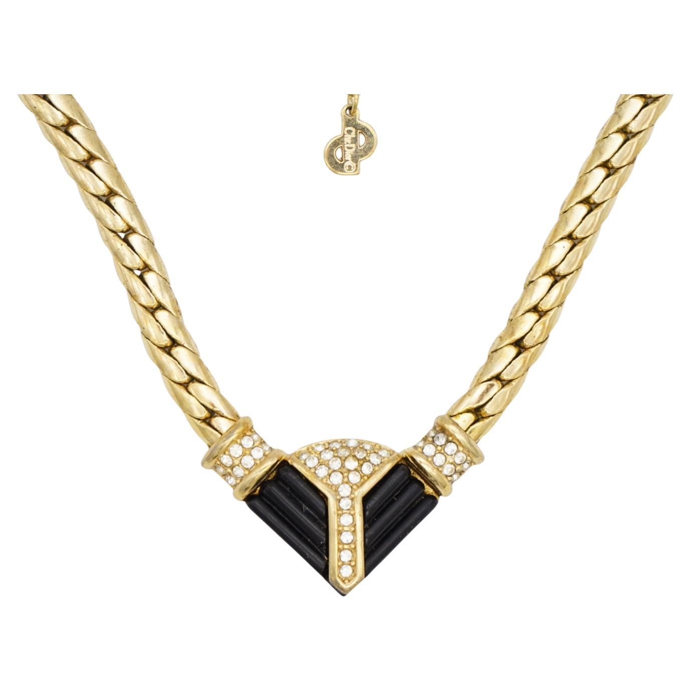 Christian Dior, collana vintage anni '70 con cristalli neri e arco a triangolo