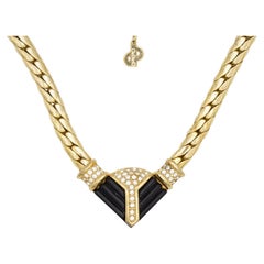 Christian Dior Vintage 1970s Cristales Negro Triángulo Arco Chunky Collar Colgante