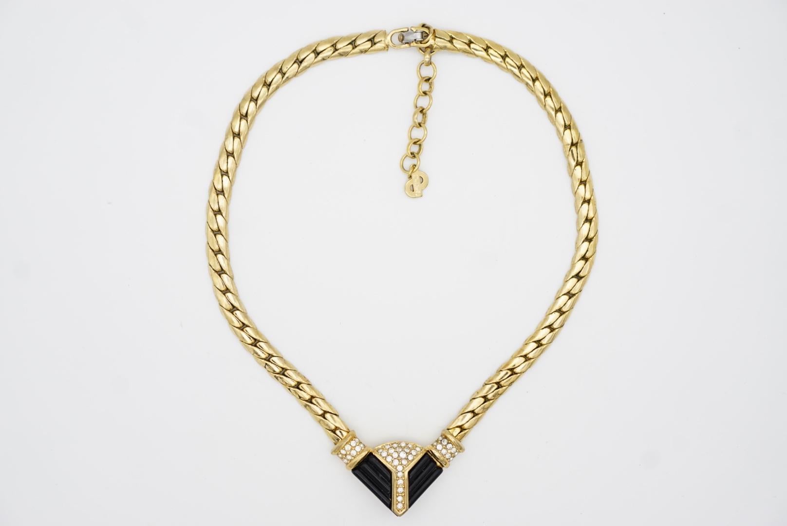 Christian Dior Vintage 1970s Crystals Black Triangle Chunky Pendant Necklace For Sale 3