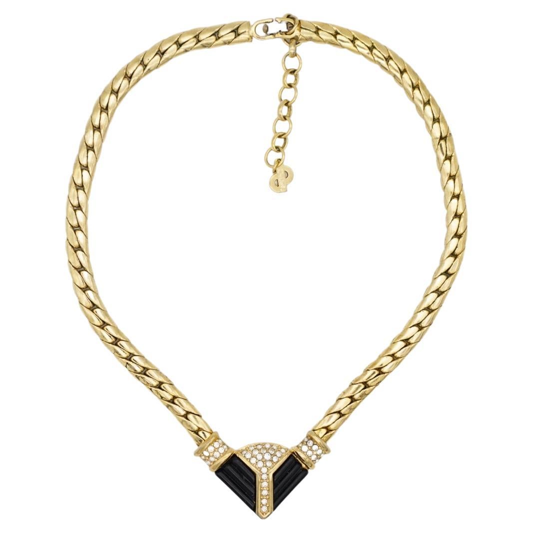 Christian Dior Vintage 1970s Crystals Black Triangle Chunky Pendant Necklace For Sale