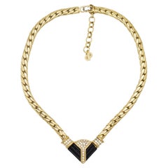 Christian Dior Vintage 1970s Crystals Black Triangle Chunky Pendant Necklace