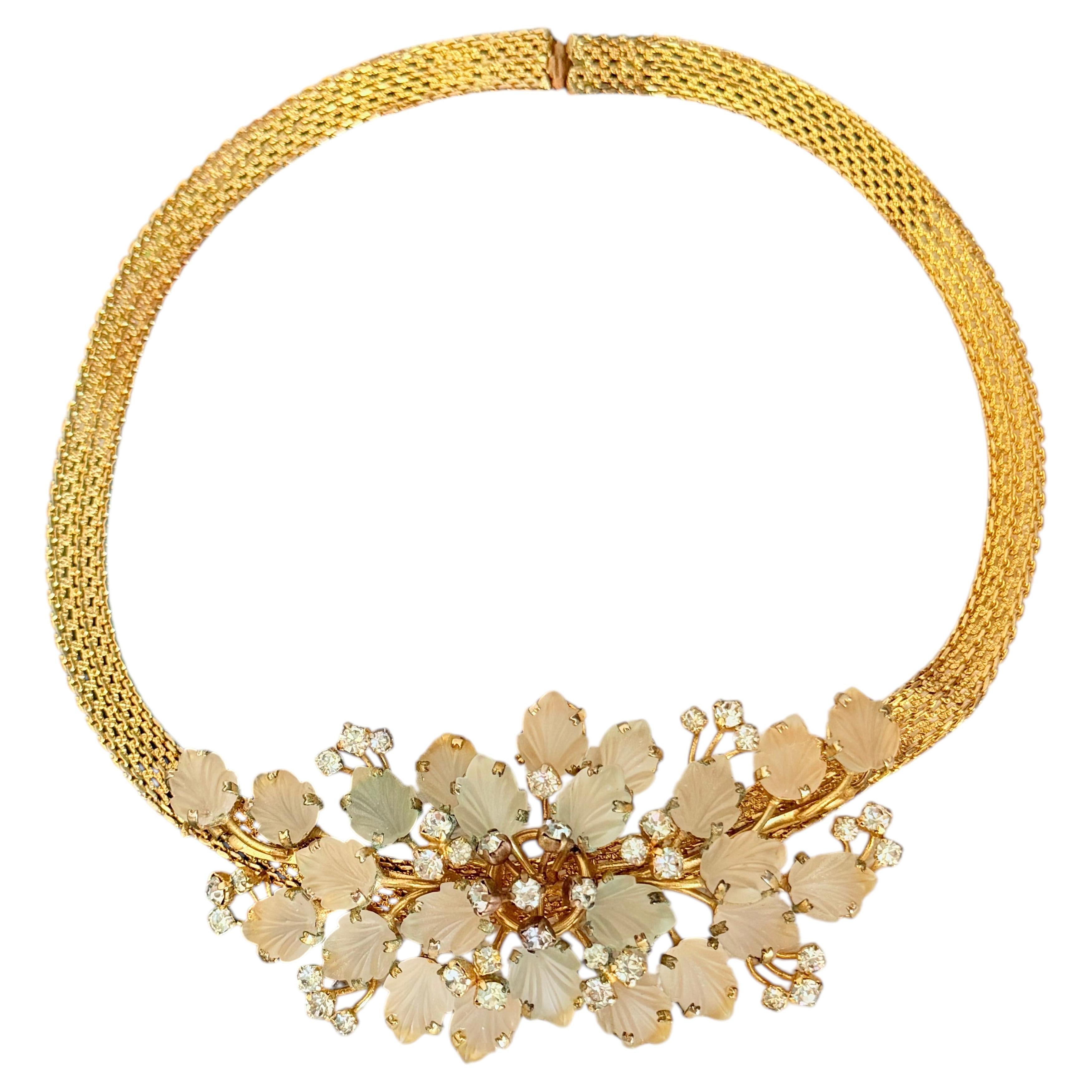 Christian Dior Vintage 1970 Cristalli Ghiacciati Foglia Fiori Cluster Collana Intrecciata