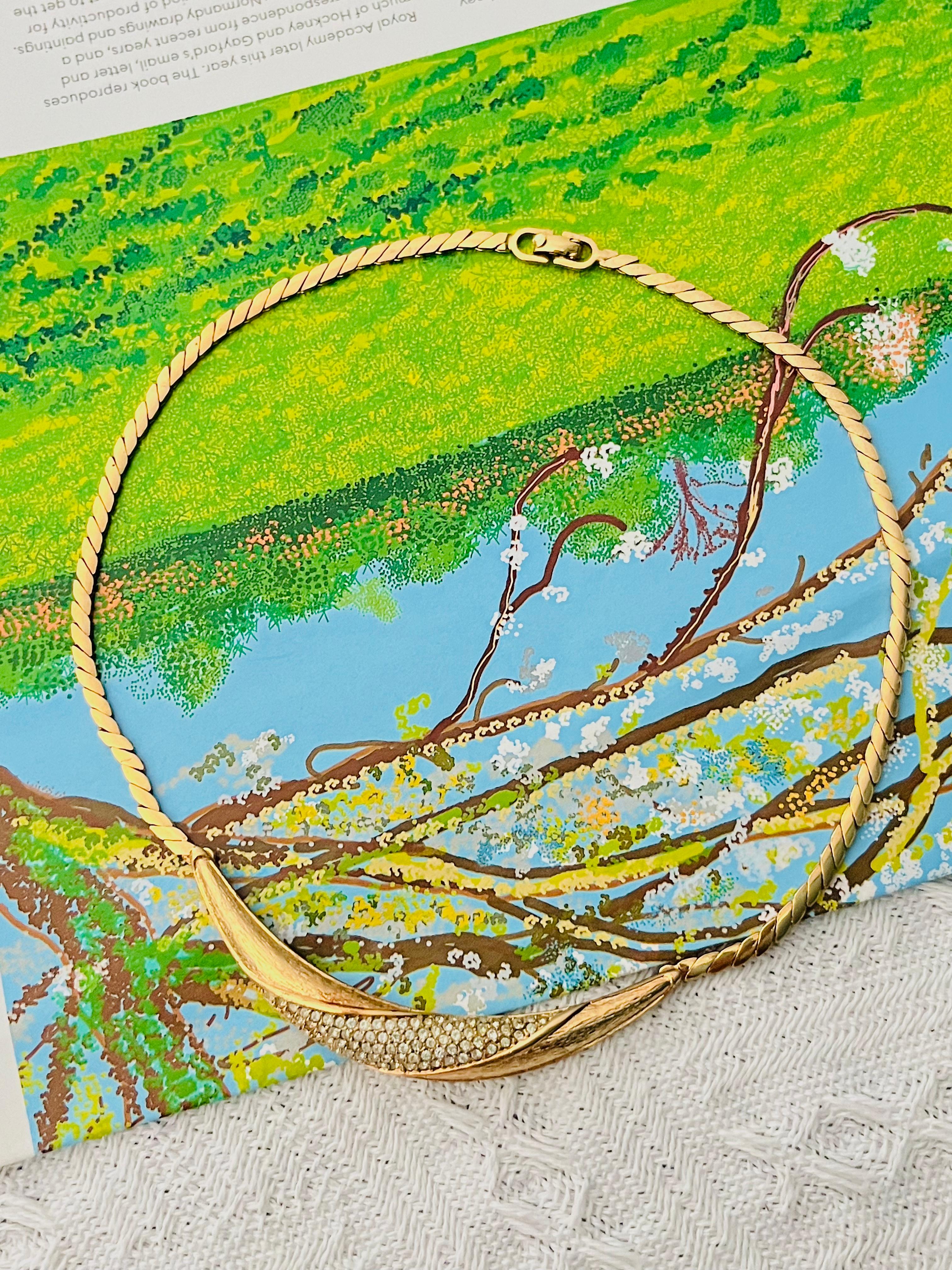 Art Deco Christian Dior Vintage 1970s Crystals Long Crescent Moon Pendant Gold Necklace For Sale