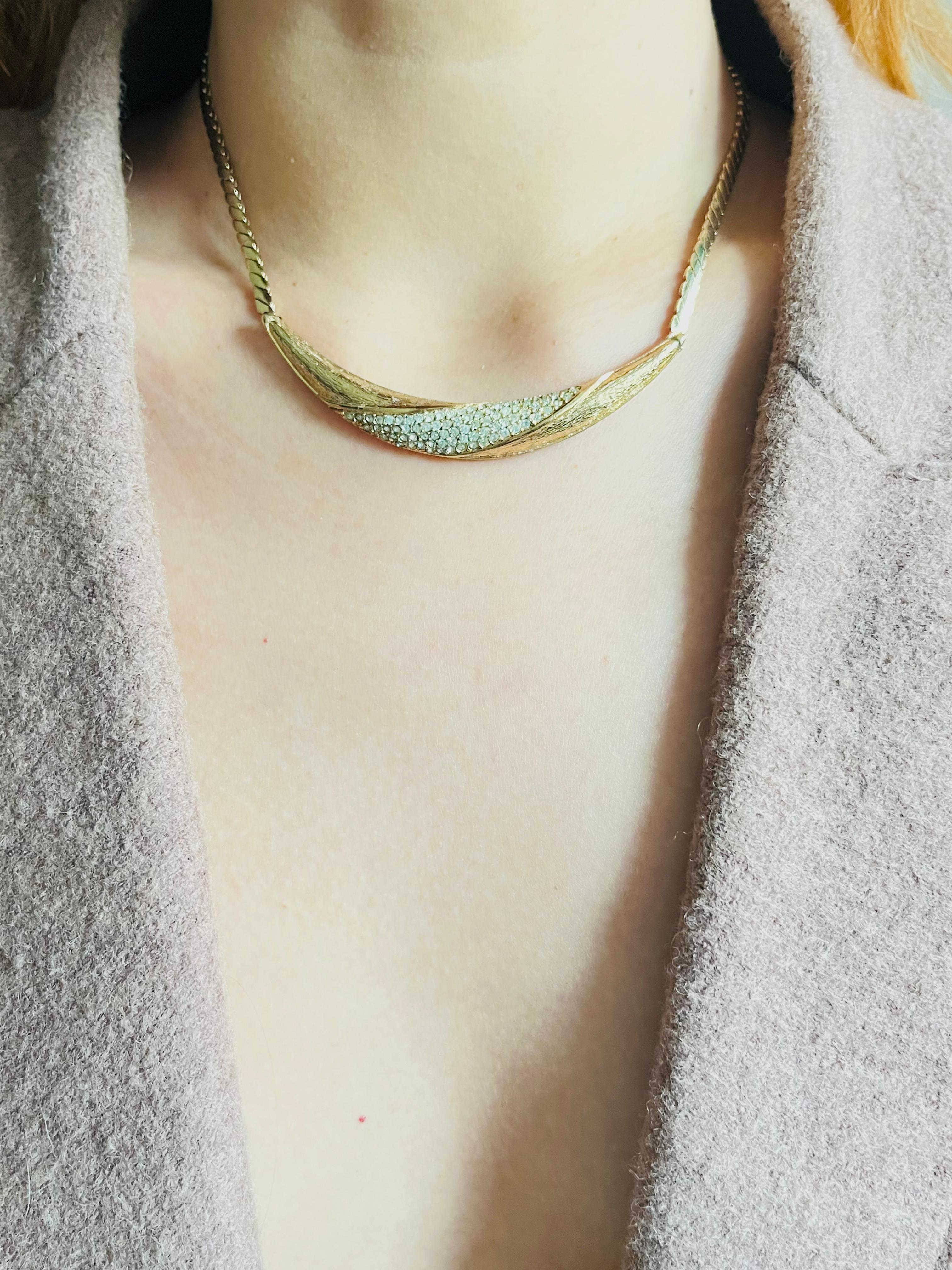 Women's or Men's Christian Dior Vintage 1970s Crystals Long Crescent Moon Pendant Gold Necklace For Sale