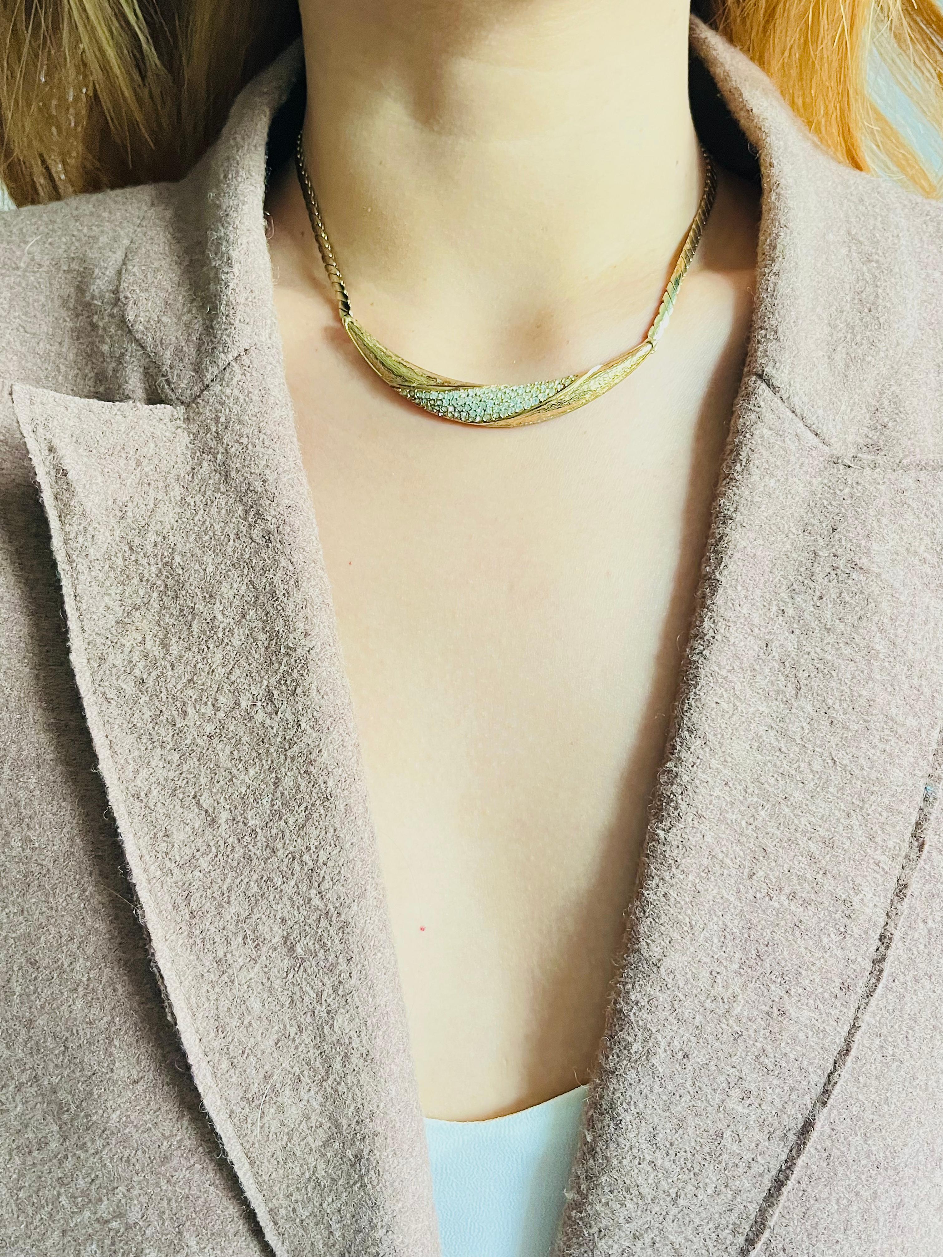 Christian Dior Vintage 1970s Crystals Long Crescent Moon Pendant Gold Necklace For Sale 1