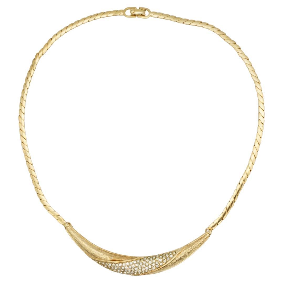 Christian Dior Vintage 1970s Crystals Long Crescent Moon Pendant Gold Necklace