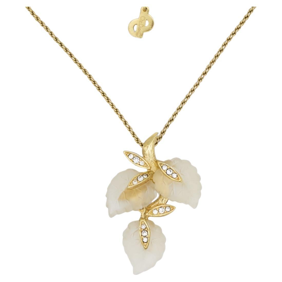 Christian Dior Vintage 1970s Crystals Matte Frost Leaf Flower Pendant Necklace For Sale