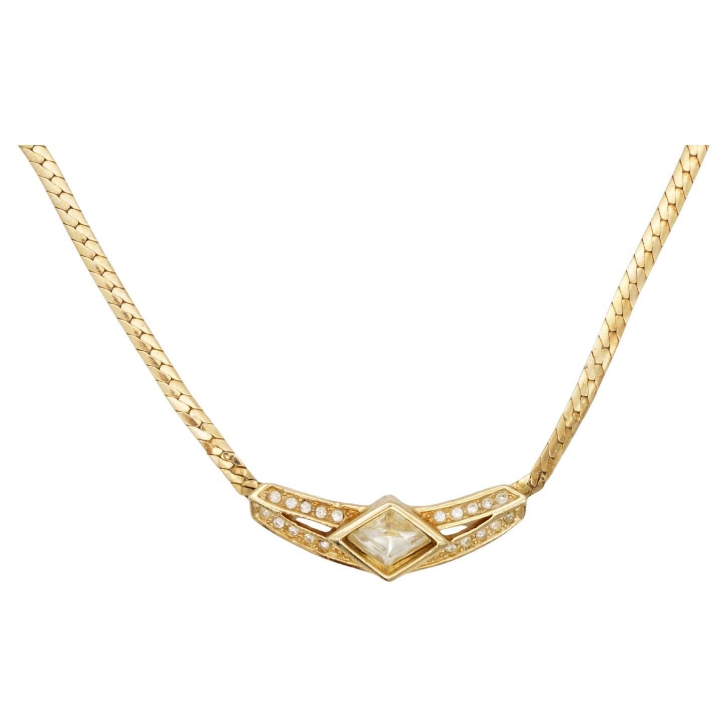 Christian Dior Vintage 1970s Crystals Moon Diamond Long Bar Pendant Necklace