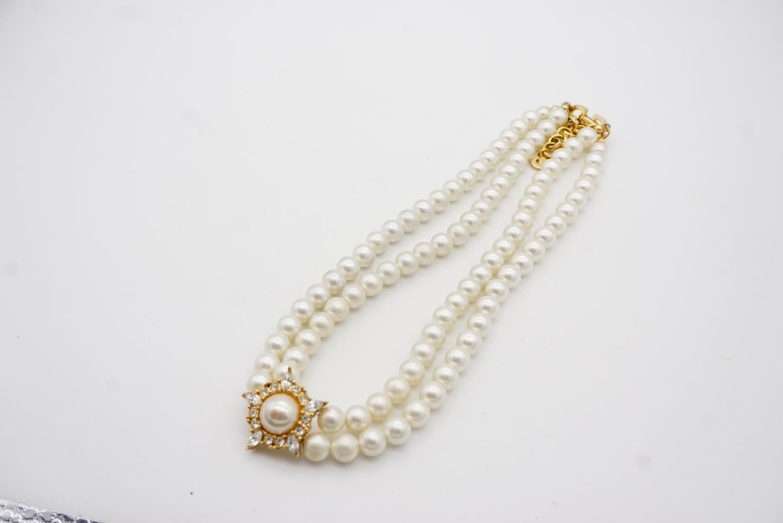 Christian Dior Vintage 1970s Double Strands Pearls Pentagon Crystals Necklace 4