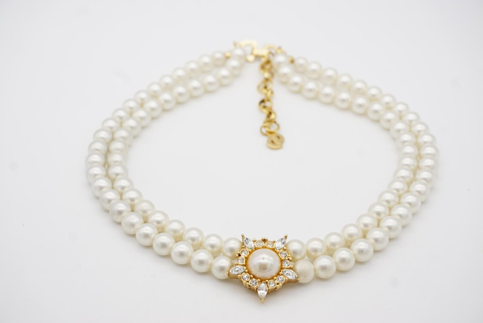 Christian Dior Vintage 1970s Double Strands Pearls Pentagon Crystals Necklace 3