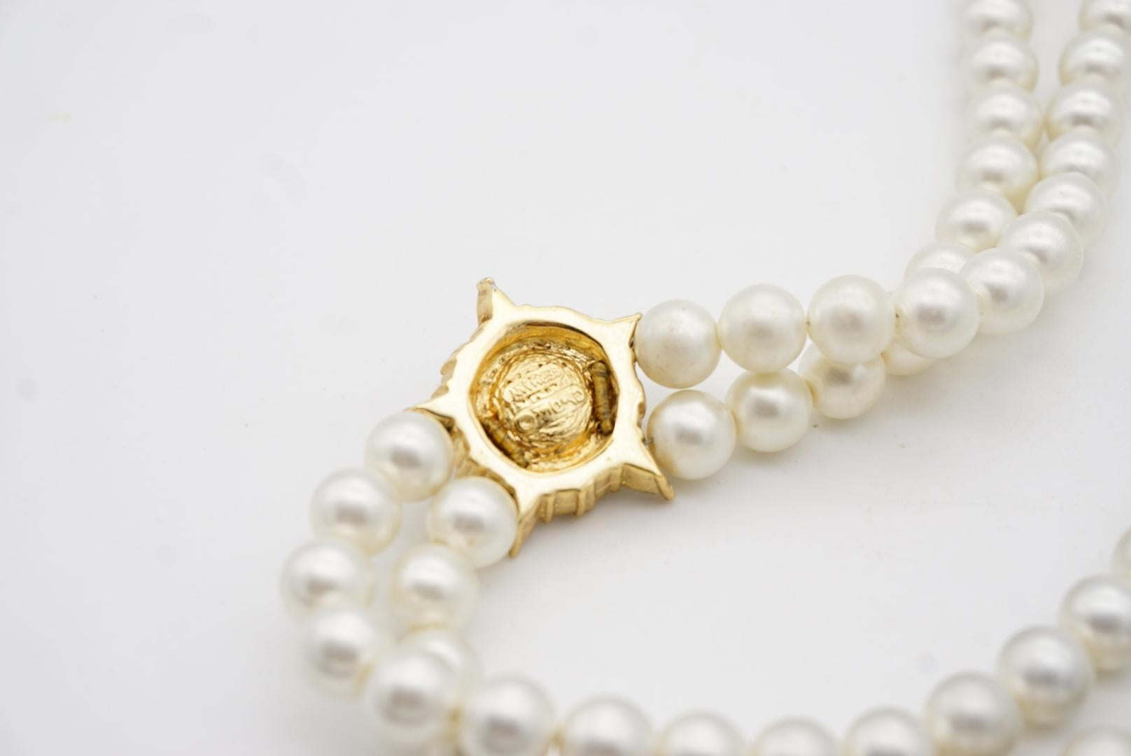 Christian Dior Vintage 1970s Double Strands Pearls Pentagon Crystals Necklace 4