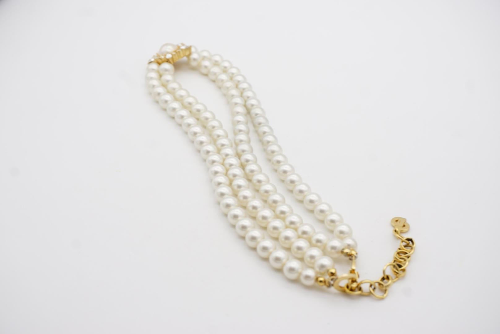 Christian Dior Vintage 1970s Double Strands Pearls Pentagon Crystals Necklace 7