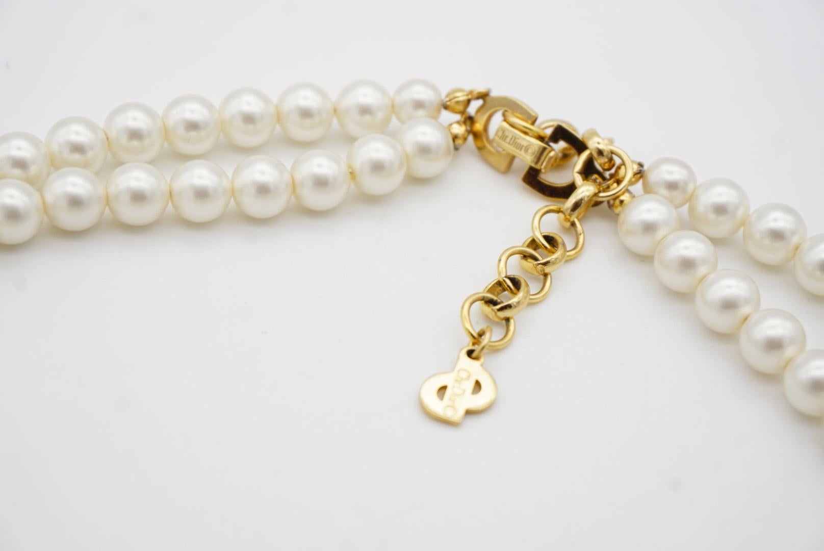 Christian Dior Vintage 1970s Double Strands Pearls Pentagon Crystals Necklace 6