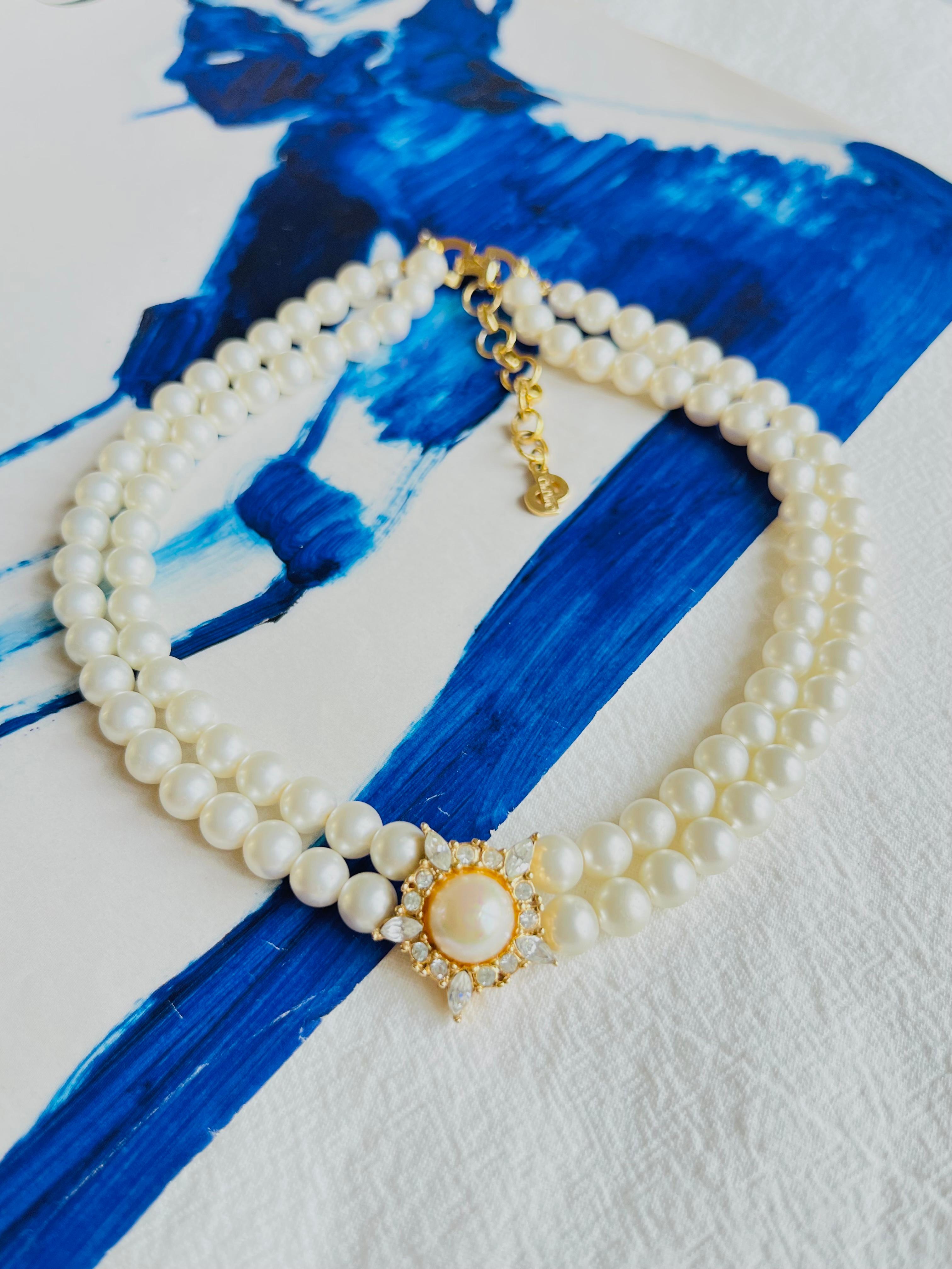 Art Deco Christian Dior Vintage 1970s Double Strands Pearls Pentagon Crystals Necklace