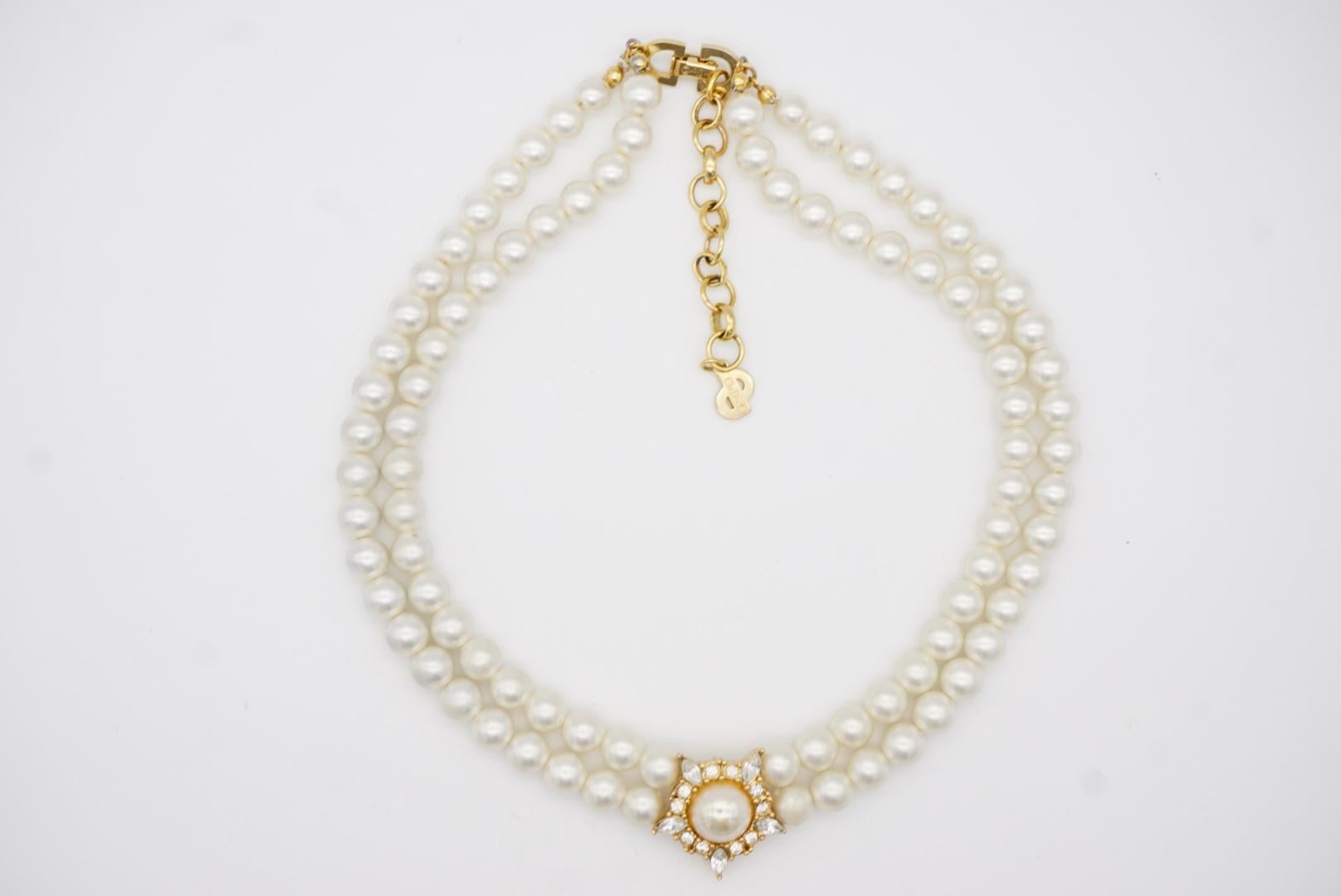 Christian Dior Vintage 1970s Double Strands Pearls Pentagon Crystals Necklace 2