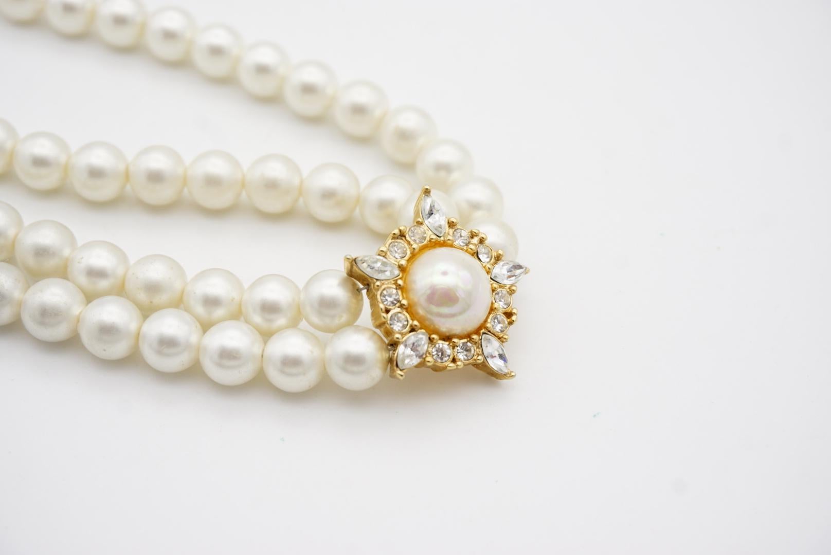 Christian Dior Vintage 1970s Double Strands Pearls Pentagon Crystals Necklace 3