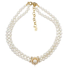 Christian Dior Vintage 1970s Double Strands White Pearls Crystals Round Necklace