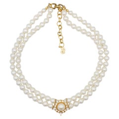 Christian Dior Vintage 1970s Double Strands White Pearls Crystals Round Necklace