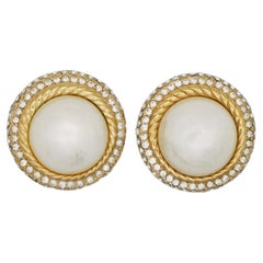 Christian Dior Vintage Extra Large Round Matte Pearls Crystals Clip Earrings
