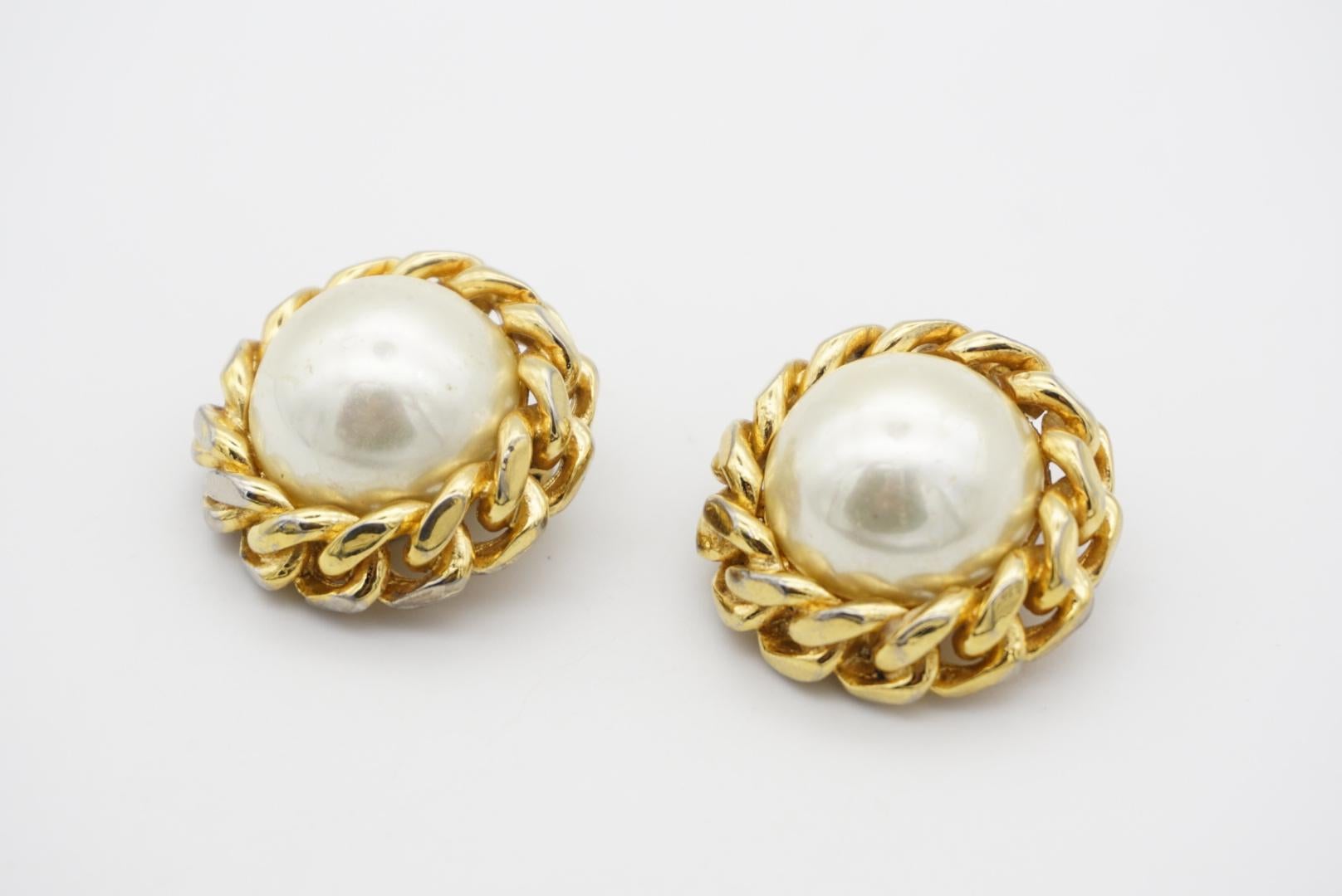 Christian Dior Vintage 1970s Extra Large Round Pearl Interlock Clip Earrings 4